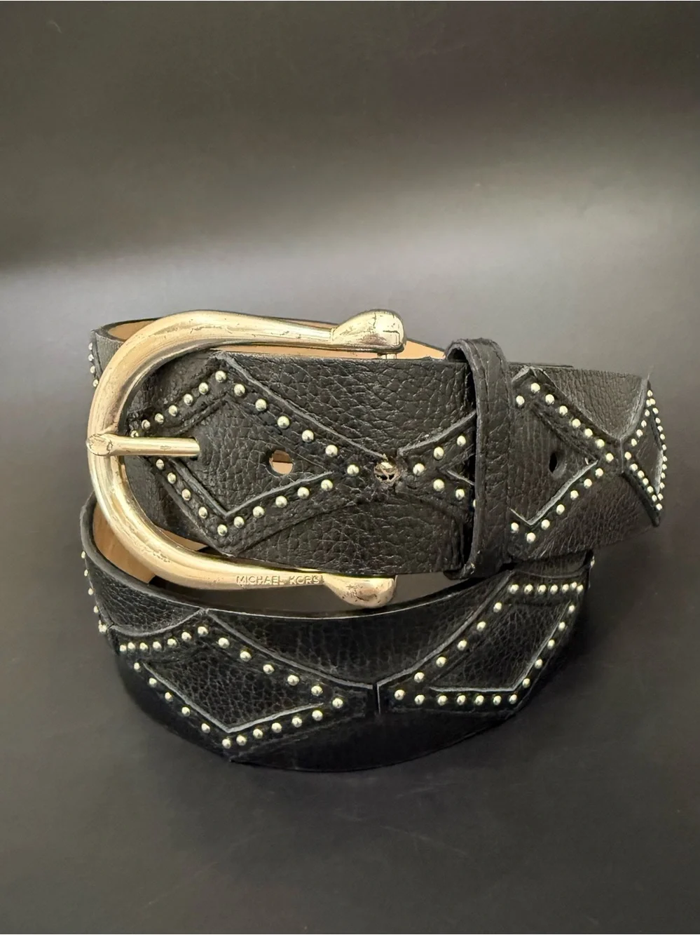 MICHAEL Michael Kors Black Leather Geometric Diamond Studded Belt XL Waist 41-45
